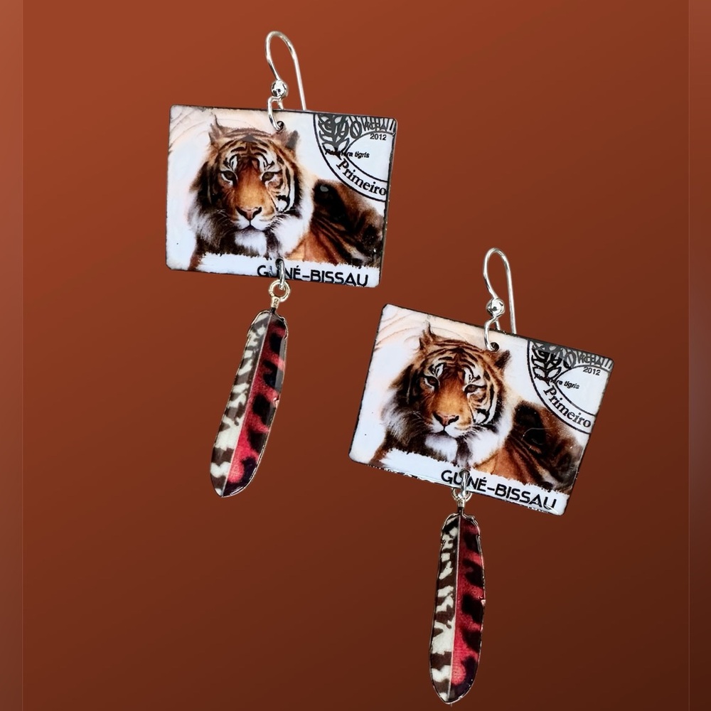 Vintage postage stamps Guine Bissau 2012 upcycled earrings tigers big cats OOAK
